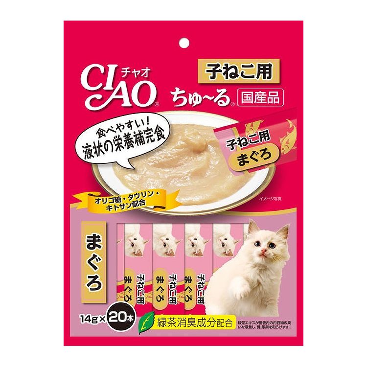 【取り寄せ品のご注意事項（ご注文前にご確認ください）】・本商品は原則注文後のキャンセルはお受けできません。・本商品と他商品で同梱注文をいただき、仮に他商品が完売等でご用意できない場合でも本商品は発送させていただきます。・本商品を複数（2点以上）注文いただき、完売等で注文数のご用意できない場合でもご用意できた数量は発送させていただきます。【商品説明】とろ〜り食べやすい液状おやつ！・一度食べたらやみつき！猫ちゃんの好きなを素材を液状にしたおやつです。・ちゅ〜っと出して、なめるだけで簡単・栄養補完食・食べきりやすい14g×20本。・緑茶消臭成分配合！緑茶エキスが腸管内の内容物の臭いを吸着し、糞尿臭を和らげます。●原材料(成分)まぐろ、まぐろエキス、タンパク加水分解物、糖類(オリゴ糖等)、植物性油脂、ミネラル類(Ca、Cu、Mn、Zn、I)、増粘剤(加工でん粉)、キトサン、増粘多糖類、ビタミン類(A、E、B1、B6、コリン)、調味料(アミノ酸等)、紅麹色素、緑茶エキス、タウリン●賞味／使用期限(未開封)24ヶ月※仕入れ元の規定により半年以上期限の残った商品のみ出荷致します。●保存方法別途パッケージに記載●メーカー名いなばペットフード 株式会社【送料について】北海道、沖縄、離島は送料を頂きます。