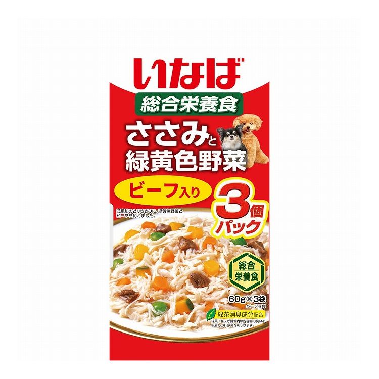 【取り寄せ品のご注意事項（ご注文前にご確認ください）】・本商品は原則注文後のキャンセルはお受けできません。・本商品と他商品で同梱注文をいただき、仮に他商品が完売等でご用意できない場合でも本商品は発送させていただきます。・本商品を複数（2点以上）注文いただき、完売等で注文数のご用意できない場合でもご用意できた数量は発送させていただきます。【商品説明】毎日の食事に！・ささみをベースに緑黄色野菜とワンちゃんが大好きな牛肉をトッピングしました。・ゼリータイプなので、スルッと出せます。・総合栄養食・ビタミンE配合・緑茶消臭成分配合で腸管内の内容物の臭いを吸着し、糞・尿臭を和らげます。●原材料(成分)鶏肉(ささみ)、野菜(人参、かぼちゃ、グリンピース)、牛肉、大豆油、でん粉、寒天、ミネラル類(Ca、Fe、Cu、Mn、Zn、I、K、Mg、Se)、増粘多糖類、ビタミン類(A、D3、E、B1、B2、B6、葉酸、B12、コリン、ビオチン)、紅麹色素、緑茶エキス●賞味／使用期限(未開封)24ヶ月※仕入れ元の規定により半年以上期限の残った商品のみ出荷致します。●保存方法別途パッケージに記載●メーカー名いなばペットフード 株式会社【送料について】北海道、沖縄、離島は送料を頂きます。