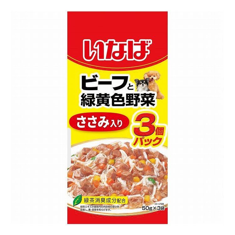 【取り寄せ品のご注意事項（ご注文前にご確認ください）】・本商品は原則注文後のキャンセルはお受けできません。・本商品と他商品で同梱注文をいただき、仮に他商品が完売等でご用意できない場合でも本商品は発送させていただきます。・本商品を複数（2点以上）注文いただき、完売等で注文数のご用意できない場合でもご用意できた数量は発送させていただきます。【商品説明】毎日の食事に！・牛肉をベースに緑黄色野菜とワンちゃんが大好きなささみをトッピングしました。・ゼリータイプなので、スルッと出せます。・総合栄養食・ビタミンE配合・緑茶消臭成分配合で腸管内の内容物の臭いを吸着し、糞・尿臭を和らげます。●原材料(成分)鶏肉(レバー、ささみ)、野菜(人参、かぼちゃ、グリンピース)、牛肉、パン粉、鶏脂、卵白粉末、でん粉、タンパク加水分解物、ビーフエキス、寒天、カゼインナトリウム、増粘多糖類、乳酸カルシウム、ビタミンE、紅麹色素、緑茶エキス●賞味／使用期限(未開封)24ヶ月※仕入れ元の規定により半年以上期限の残った商品のみ出荷致します。●保存方法別途パッケージに記載●メーカー名いなばペットフード 株式会社【送料について】北海道、沖縄、離島は送料を頂きます。