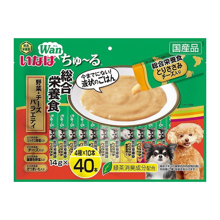 【取り寄せ品のご注意事項（ご注文前にご確認ください）】・本商品は原則注文後のキャンセルはお受けできません。・本商品と他商品で同梱注文をいただき、仮に他商品が完売等でご用意できない場合でも本商品は発送させていただきます。・本商品を複数（2点以上）注文いただき、完売等で注文数のご用意できない場合でもご用意できた数量は発送させていただきます。【商品説明】とろ〜り食べやすい液状ごはん！・一度食べたらやみつき！ワンちゃんの好きなを素材を液状にしたごはんです。・ちゅ〜っと出して、なめるだけで簡単に栄養補給。・ペースト状なのでそのままでもドライフードのトッピングなどにお使いいただけます。・総合栄養食タイプなので、食欲が無い時などにもどうぞ。・緑茶消臭成分配合！緑茶エキスが腸管内の内容物の臭いを吸着し、糞尿臭を和らげます。・4種類の味が楽しめるバラエティパック●原材料(成分)【とりささみミックス野菜入り】鶏肉(ささみ)、鶏脂、野菜(人参、いんげん、さつまいも)、チキンエキス、酵母エキス、タンパク加水分解物、DHA・EPA含有精製魚油、増粘安定剤(加工でん粉、増粘多糖類)、ミネラル類(Ca、Fe、Cu、Mn、Zn、I、K)、ビタミン類(A、D3、E、B1、葉酸、B12、コリン)、キトサン、紅麹色素、緑茶エキス【とりささみチーズ入り】鶏肉(ささみ)、鶏脂、チーズ、チキンエキス、酵母エキス、タンパク加水分解物、増粘安定剤(加工でん粉、増粘多糖類)、ミネラル類(Ca、Fe、Cu、Mn、Zn、I、K)、ビタミン類(A、D3、E、B1、葉酸、B12、コリン)、キトサン、紅麹色素、緑茶エキス【とりささみ緑黄色野菜入り】鶏肉(ささみ)、鶏脂、野菜(人参、かぼちゃ、いんげん)、チキンエキス、酵母エキス、タンパク加水分解物、増粘安定剤(加工でん粉、増粘多糖類)、ミネラル類(Ca、Fe、Cu、Mn、Zn、I、K)、ビタミン類(A、D3、E、B1、葉酸、B12、コリン)、キトサン、紅麹色素、緑茶エキス【とりささみさつまいも入り】鶏肉(ささみ)、鶏脂、さつまいも、チキンエキス、酵母エキス、タンパク加水分解物、増粘安定剤(加工でん粉、増粘多糖類)、ミネラル類(Ca、Fe、Cu、Mn、Zn、I、K)、ビタミン類(A、D3、E、B1、葉酸、B12、コリン)、キトサン、紅麹色素、緑茶エキス●賞味／使用期限(未開封)24ヶ月※仕入れ元の規定により半年以上期限の残った商品のみ出荷致します。●保存方法別途パッケージに記載●メーカー名いなばペットフード 株式会社【送料について】北海道、沖縄、離島は送料を頂きます。