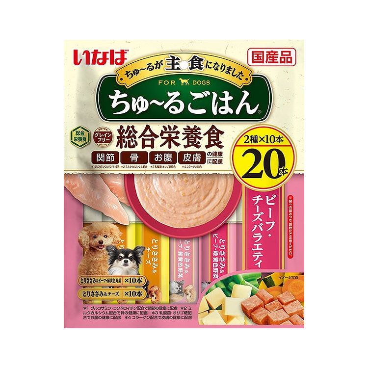 【取り寄せ品のご注意事項（ご注文前にご確認ください）】・本商品は原則注文後のキャンセルはお受けできません。・本商品と他商品で同梱注文をいただき、仮に他商品が完売等でご用意できない場合でも本商品は発送させていただきます。・本商品を複数（2点以上）注文いただき、完売等で注文数のご用意できない場合でもご用意できた数量は発送させていただきます。【商品説明】とろ〜り食べやすい液状ごはん！・愛犬に必要な栄養素をバランスよく配合した総合栄養食です。・関節・骨・お腹・皮膚の健康に配慮しました。・穀物アレルギーにも配慮しており、グレインフリーに仕上がっております。・ペースト状なのでそのままでもドライフードのトッピングなどにお使いいただけます。・2種類の味が楽しめるバラエティパック●原材料(成分)【とりささみ＆ビーフ・緑黄色野菜】鶏肉(ささみ)、鶏脂、野菜(人参、かぼちゃ、いんげん)、牛肉、チキンエキス、酵母エキス、ガラクトオリゴ糖、コラーゲンペプチド、サメ軟骨抽出物(コンドロイチン硫酸含有)、ミルクカルシウム、酵母、殺菌乳酸菌、増粘安定剤(加工でん粉、増粘多糖類)、ミネラル類(Ca、Fe、Cu、Mn、Zn、I、K、P、Mg)、ビタミン類(A、D1、E、B1、B2、葉酸、コリン)、グルコサミン、紅麹色素【とりささみ＆チーズ】鶏肉(ささみ)、鶏脂、チーズパウダー、チキンエキス、酵母エキス、ガラクトオリゴ糖、コラーゲンペプチド、サメ軟骨抽出物(コンドロイチン硫酸含有)、ミルクカルシウム、酵母、殺菌乳酸菌、増粘安定剤(加工でん粉、増粘多糖類)、ミネラル類(Ca、Fe、Cu、Mn、Zn、I、K、P、Mg)、ビタミン類(A、D1、E、B1、B2、葉酸、コリン)、グルコサミン、紅麹色素●賞味／使用期限(未開封)24ヶ月※仕入れ元の規定により半年以上期限の残った商品のみ出荷致します。●保存方法別途パッケージに記載●メーカー名いなばペットフード 株式会社【送料について】北海道、沖縄、離島は送料を頂きます。