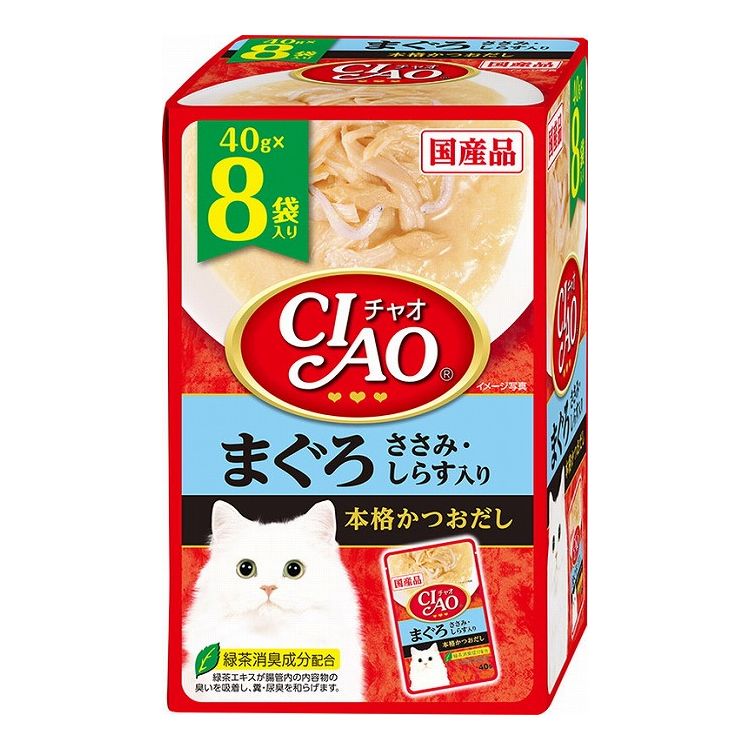 【取り寄せ品のご注意事項（ご注文前にご確認ください）】・本商品は原則注文後のキャンセルはお受けできません。・本商品と他商品で同梱注文をいただき、仮に他商品が完売等でご用意できない場合でも本商品は発送させていただきます。・本商品を複数（2点以上）注文いただき、完売等で注文数のご用意できない場合でもご用意できた数量は発送させていただきます。【商品説明】多頭飼いも使いやすい！・ささみのペーストに、まぐろ・ささみのフレークにしらすを加え、おいしいかつおだしで仕上げました。・40g×8袋の多頭飼いの家庭でも安心のファミリーパックです。・緑茶消臭成分配合(緑茶エキスが腸管内の内容物の臭いを吸着し、糞・尿臭を和らげます。)●原材料(成分)鶏肉、まぐろ、しらす、かつお節エキス、糖類(オリゴ糖等)、植物性油脂、増粘剤(加工でん粉)、ミネラル類、増粘多糖類、調味料(アミノ酸等)、ビタミンE、紅麹色素、緑茶エキス●賞味／使用期限(未開封)24ヶ月※仕入れ元の規定により半年以上期限の残った商品のみ出荷致します。●保存方法別途パッケージに記載●メーカー名いなばペットフード 株式会社【送料について】北海道、沖縄、離島は送料を頂きます。