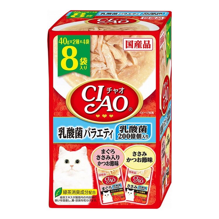 【取り寄せ品のご注意事項（ご注文前にご確認ください）】・本商品は原則注文後のキャンセルはお受けできません。・本商品と他商品で同梱注文をいただき、仮に他商品が完売等でご用意できない場合でも本商品は発送させていただきます。・本商品を複数（2点以上）注文いただき、完売等で注文数のご用意できない場合でもご用意できた数量は発送させていただきます。【商品説明】多頭飼いも使いやすい！・2種類の味が楽しめるバラエティパックです。・乳酸菌200億個配合で猫ちゃんの健康を維持し、お腹の調子を保ちます。・40g×2種×4袋の多頭飼いの家庭でも安心のファミリーパックです。・緑茶消臭成分配合(緑茶エキスが腸管内の内容物の臭いを吸着し、糞・尿臭を和らげます。)●原材料(成分)【まぐろささみ入りかつお節味】鶏肉(ささみ)、まぐろ、かつお節エキス、糖類(オリゴ糖等)、殺菌乳酸菌、植物性油脂、増粘剤(加工でん粉)、増粘多糖類、ミネラル類、調味料(アミノ酸等)、ビタミンE、紅麹色素、緑茶エキス【ささみかつお節味】鶏肉(ささみ)、かつお節エキス、糖類(オリゴ糖等)、殺菌乳酸菌、植物性油脂、増粘剤(加工でん粉)、増粘多糖類、ミネラル類、調味料(アミノ酸等)、ビタミンE、紅麹色素、緑茶エキス●賞味／使用期限(未開封)24ヶ月※仕入れ元の規定により半年以上期限の残った商品のみ出荷致します。●保存方法別途パッケージに記載●メーカー名いなばペットフード 株式会社【送料について】北海道、沖縄、離島は送料を頂きます。