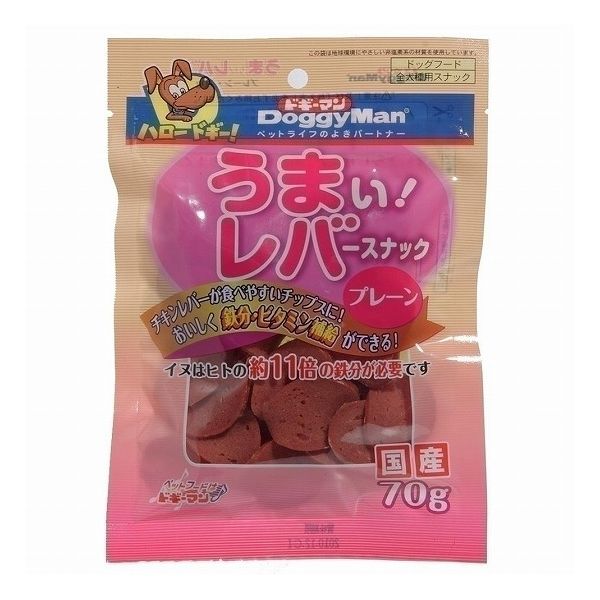 【取り寄せ品のご注意事項（ご注文前にご確認ください）】・本商品は原則注文後のキャンセルはお受けできません。・本商品と他商品で同梱注文をいただき、仮に他商品が完売等でご用意できない場合でも本商品は発送させていただきます。・本商品を複数（2点以上）注文いただき、完売等で注文数のご用意できない場合でもご用意できた数量は発送させていただきます。【商品説明】健康を気づかう、愛犬想いのおやつ！！イヌはヒトの11倍の鉄分が必要！！健康を気づかう、愛犬想いのおやつです。・大好きなレバーでおいしく、効率よく、鉄分やビタミンが補給できます。・小型犬にも与えやすい丸くてかわいいチップスタイプ。・チキンレバーが食べやすい。・生後2ヶ月以上の愛犬に。●原材料(成分)肉類(鶏レバー、鶏肉)、小麦粉、αーコーンスターチ、ソルビトール、グリセリン、保存料(ソルビン酸カリウム)、リン酸塩、発色剤(亜硝酸ナトリウム)、着色料(赤色106、カラメル)●賞味／使用期限(未開封)12ヶ月※仕入れ元の規定により半年以上期限の残った商品のみ出荷致します●保存方法別途パッケージに記載●原産国または製造地日本●メーカー名ドギーマンハヤシ 株式会社【送料について】北海道、沖縄、離島は送料を頂きます。