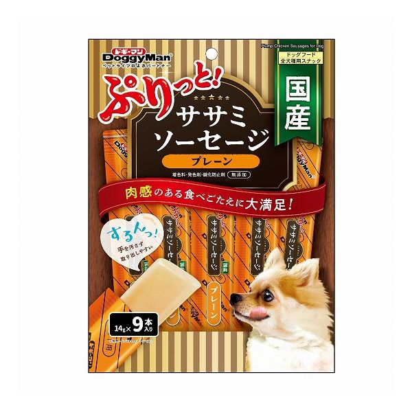 【商品説明】肉感のある食べごたえに大満足！国産鶏ササミの旨みをギュギュッと詰め込んだ、ぷりぷりジューシーなソーセージです。・鶏肉の中で最も低脂肪のササミを使用。・手を汚さず、するんっ！と取り出しやすいフィルム個包装。・手でちぎって少しずつ与えやすい。・着色料、発色剤、酸化防止剤 無添加●原材料(成分)鶏肉(胸肉、ササミ、チキンエキス)、コーンスターチ、調味料、増粘多糖類、ビタミンE●賞味／使用期限(未開封)24ヶ月※仕入れ元の規定により半年以上期限の残った商品のみ出荷致します●保存方法別途パッケージに記載●原産国または製造地日本●メーカー名ドギーマンハヤシ 株式会社【送料について】北海道、沖縄、離島は送料を頂きます。