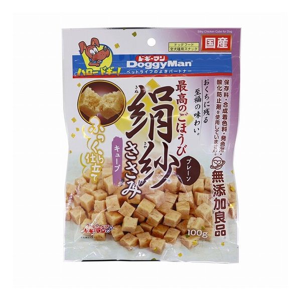 【取り寄せ品のご注意事項（ご注文前にご確認ください）】・本商品は原則注文後のキャンセルはお受けできません。・本商品と他商品で同梱注文をいただき、仮に他商品が完売等でご用意できない場合でも本商品は発送させていただきます。・本商品を複数（2点以上）注文いただき、完売等で注文数のご用意できない場合でもご用意できた数量は発送させていただきます。【商品説明】ササミたっぷりやわらか新食感のおやつ！・絹のようになめらかで、ふんわりやさしい口当たり・おくちの中にふわっと広がる、ササミの旨みと香り・健康維持にグルコサミン、コンドロイチン、コラーゲン配合・保存料、合成着色料、発色剤、酸化防止剤不使用●原材料(成分)肉類(鶏ササミ、鶏胸肉、鶏肉)、小麦粉、糖類、タピオカでん粉、コラーゲンペプチド、魚軟骨抽出物(コンドロイチン含有)、グリセリン、トレハロース、ソルビトール、膨張剤、ミネラル類(ナトリウム)、ポリリン酸ナトリウム、着色料(クチナシ、ルテイン)、グルコサミン●賞味／使用期限(未開封)12ヶ月※仕入れ元の規定により半年以上期限の残った商品のみ出荷致します●保存方法別途パッケージに記載●原産国または製造地日本●メーカー名ドギーマンハヤシ 株式会社【送料について】北海道、沖縄、離島は送料を頂きます。