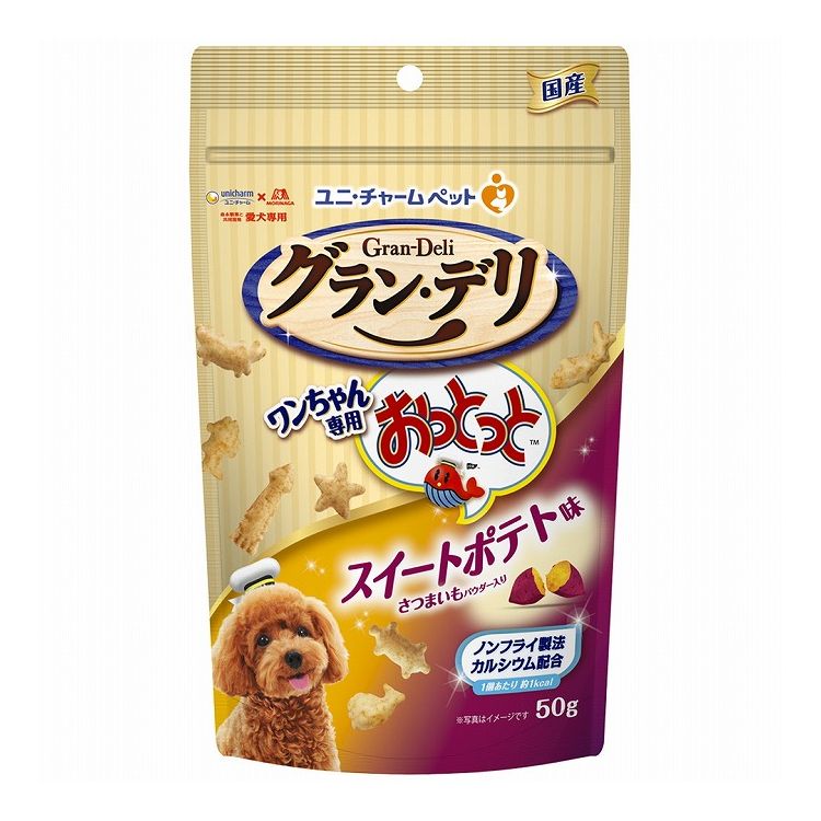 【商品説明】カリッと楽しい新食感おやつ！森永製菓と共同開発！“カリッ”と楽しい新食感のワンちゃん専用おやつです。・わんちゃんの大好きなチキンパウダー仕上げ・愛犬の健康維持を考えてカルシウム配合・ノンフライ製法で1個当たり約1kcal●原材料(成分)いも類(乾燥じゃがいも、さつまいもパウダー)、小麦粉、植物性油脂、ホエイパウダー、ショ糖、コーンスターチ、チキンエキス、ビール酵母、おからパウダー、たんぱく加水分解物、酵母エキス、増粘安定剤(加工でん粉)、ミネラル類(カルシウム、塩素、ナトリウム)、乳化剤、膨張剤、調味料、香料、着色料(カロテン色素)●エネルギー375kcal/100g●賞味／使用期限(未開封)540日※仕入れ元の規定により3ヵ月を切った商品は出荷致しません●保存方法・高温多湿や直射日光を避け、風通しの良い場所に保管してください。・保管状態によっては風味が落ちる場合がありますが、与えても差し支えありません。・開封後は、ほこりや虫が入らないよう封をしっかり閉じて衛生的に保管し、早めに与えてください。・食品、食器、おもちゃ、ペット用品等と区別し、小児の手の届かない場所に保管してください。・本品の空き袋をおもちゃにしないでください。●原産国または製造地日本【送料について】北海道、沖縄、離島は送料を頂きます。