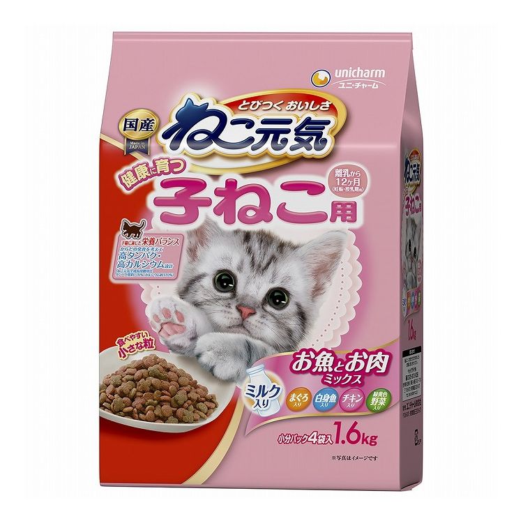 【取り寄せ品のご注意事項（ご注文前にご確認ください）】・本商品は原則注文後のキャンセルはお受けできません。・本商品と他商品で同梱注文をいただき、仮に他商品が完売等でご用意できない場合でも本商品は発送させていただきます。・本商品を複数（2点以上）注文いただき、完売等で注文数のご用意できない場合でもご用意できた数量は発送させていただきます。【商品説明】とびつく おいしさ！・12ケ月までの子猫に適した栄養バランス設計・からだの発育を考えて高タンパク設計*・骨や歯の発育を考えて高カルシウム設計*・ビタミンEを強化した子猫用総合栄養食なので、子猫の健康を維持し免疫力を保ちます(*ねこ元気全成長段階用比)●原材料(成分)穀類(トウモロコシ、パン粉、コーングルテンミール)、肉類(チキンミール、ポークミール、ビーフミール、チキンエキス)、魚介類(白身魚ミール、フィッシュエキス、フィッシュミール、煮干パウダー、まぐろミール)、動物性油脂、卵類(卵パウダー)、豆類(脱脂大豆)、ビール酵母、乳類(脱脂粉乳)、酵母エキス、野菜類(ニンジンパウダー、カボチャパウダー、ホウレンソウパウダー)、ミネラル類(カルシウム、塩素、コバルト、銅、鉄、ヨウ素、カリウム、マンガン、リン、亜鉛)、ビタミン類(A、B1、B2、B6、B12、C、D、E、K、コリン、ナイアシン、パントテン酸、ビオチン、葉酸)、アミノ酸類(タウリン、メチオニン)、着色料(赤色102号、赤色106号、黄色4号、黄色5号、青色1号)、酸化防止剤(ミックストコフェロール、ハーブエキス)●エネルギー約370kcal/100g●賞味／使用期限(未開封)18ヶ月※仕入れ元の規定により3ヵ月を切った商品は出荷致しません●保存方法・直射日光や高温多湿を避け、小児の手が届かない、涼しく、風通しのよい場所に保管してください。・開封後は、虫などが入らないように密閉して衛生的に保管し、早めにお使いください。・本品の空き袋をおもちゃにしないでください。●原産国または製造地日本【送料について】北海道、沖縄、離島は送料を頂きます。