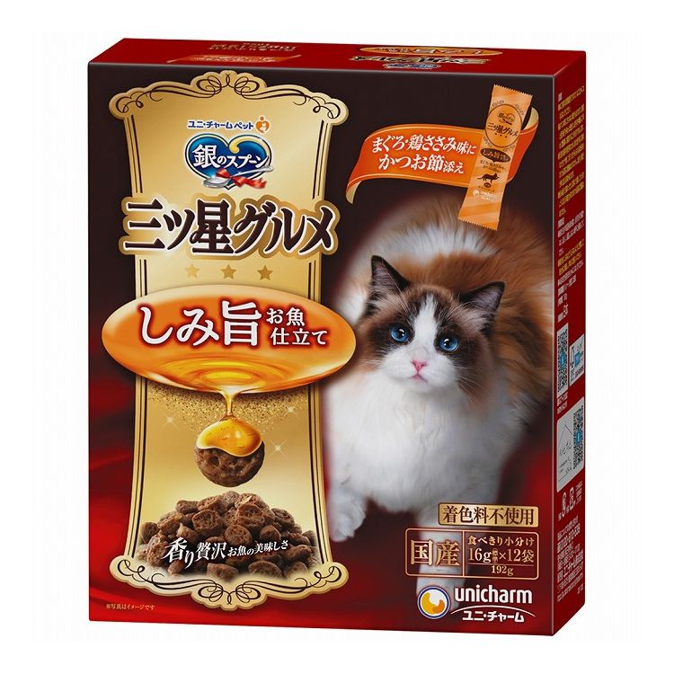 【取り寄せ品のご注意事項（ご注文前にご確認ください）】・本商品は原則注文後のキャンセルはお受けできません。・本商品と他商品で同梱注文をいただき、仮に他商品が完売等でご用意できない場合でも本商品は発送させていただきます。・本商品を複数（2点以上）注文いただき、完売等で注文数のご用意できない場合でもご用意できた数量は発送させていただきます。【商品説明】香り贅沢！お魚の美味しさ・お魚の味の旨みをふんだんにしみこませたドライ粒に香りのよいかつお節が入った猫ちゃんが喜ぶ深い味わいと香りを実現しました。・国産、着色料不使用・総合栄養食・使いやすい小分けパック●原材料(成分)穀類(小麦粉、コーングルテンミール)、肉類(ビーフミール、チキンエキス、チキンミール、ポークミール、ササミパウダー)、動物性油脂、魚介類(フィッシュエキス、かつお節、まぐろミール)、ビール酵母、酵母エキス、ミネラル類(カルシウム、塩素、コバルト、銅、鉄、ヨウ素、カリウム、マンガン、ナトリウム、リン、亜鉛)、調味料、ビタミン類(A、B1、B2、B6、B12、C、D、E、K、コリン、ナイアシン、パントテン酸、ビオチン、葉酸)、アミノ酸類(タウリン)、酸化防止剤(ミックストコフェロール、ハーブエキス)●エネルギー約395kcal/100g●賞味／使用期限(未開封)540日※仕入れ元の規定により3ヵ月を切った商品は出荷致しません●保存方法・高温多湿や直射日光を避け、小児の手の届かない、涼しく風通しのよい場所に保管してください。・開封後は、虫などが入らないように密閉して衛生的に保管し、早めにお使いください。●原産国または製造地日本【送料について】北海道、沖縄、離島は送料を頂きます。