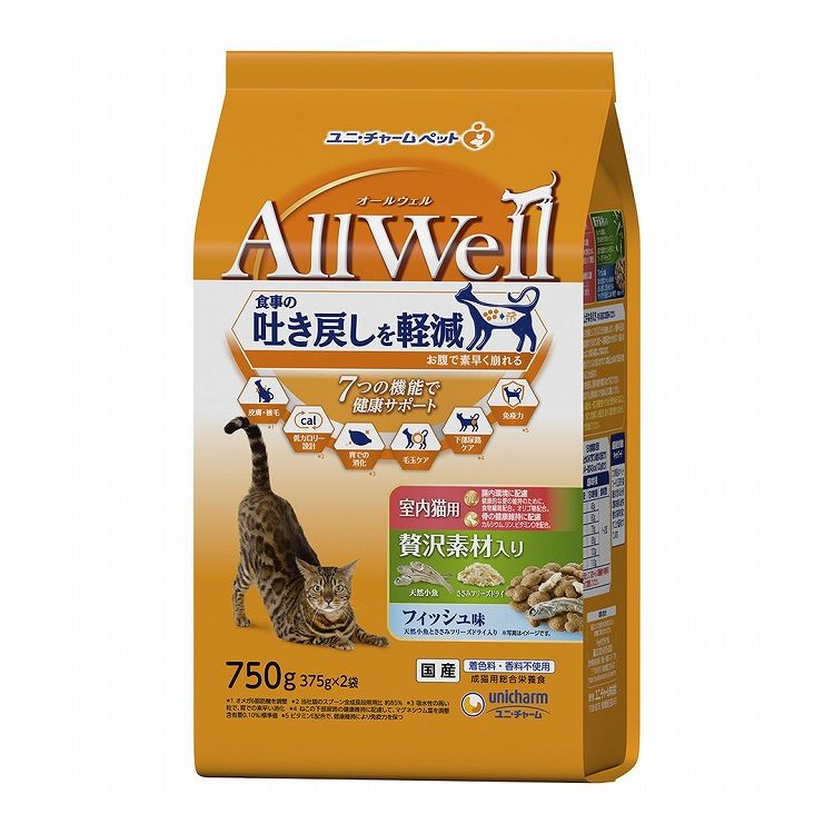 【6個セット】 ユニチャーム AllWell 室内猫用 贅沢素材入りフィッシュ味天然小魚とささみフリーズドラ..