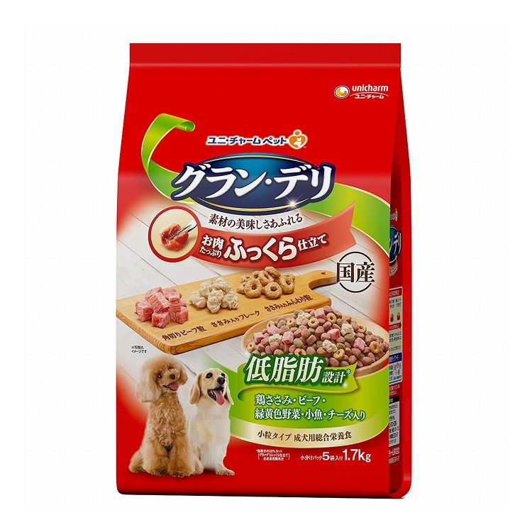 【取り寄せ品のご注意事項（ご注文前にご確認ください）】・本商品は原則注文後のキャンセルはお受けできません。・本商品と他商品で同梱注文をいただき、仮に他商品が完売等でご用意できない場合でも本商品は発送させていただきます。・本商品を複数（2点以上）注文いただき、完売等で注文数のご用意できない場合でもご用意できた数量は発送させていただきます。【商品説明】素材のおいしさあふれる！・美味しいふっくら仕立てのグルメフード・角切りビーフ粒、ささみ入りふんわり粒、ささみ入り大豆フレーク入り・美味しさはそのままに、脂肪分を約20％カットした低脂肪設計(グランデリふっくら仕立て全成長段階用比)・栄養素をバランス良く摂取できる総合栄養食・健康維持に必要なオメガ6＆3脂肪酸をバランス良く調整●原材料(成分)穀類(小麦粉、トウモロコシ、パン粉、小麦グルテン)、糖類(ブドウ糖果糖液糖、ショ糖、粉末水あめ)、豆類(脱脂大豆、大豆パウダー、おからパウダー、大豆エキス、大豆タンパク)、肉類(ビーフミール、ポークミール、ビーフ、チキンエキス、チキンミール、ササミパウダー)、油脂類、魚介類(フィッシュミール、小魚パウダー)、ビール酵母、チーズパウダー、野菜類(ニンジンパウダー、カボチャパウダー、ホウレンソウパウダー)、プロピレングリコール、ミネラル類(カルシウム、塩素、銅、鉄、ヨウ素、カリウム、ナトリウム、リン、亜鉛)、グリセリン、乳化剤、増粘安定剤(加工でん粉、アルギン酸エステル)、保存料(ソルビン酸K、ソルビン酸)、ソルビトール、pH調整剤、調味料、ビタミン類(A、B1、B2、B6、B12、D、E、K、コリン、パントテン酸)、着色料(二酸化チタン、赤色40号、赤色106号、黄色4号、黄色5号、青色1号)、リン酸塩、酸化防止剤(アスコルビン酸Na、ミックストコフェロール、ハーブエキス、ローズマリー抽出物)、発色剤(亜硝酸Na)●エネルギー約285kcal/100g●賞味／使用期限(未開封)12ヶ月※仕入れ元の規定により3ヵ月を切った商品は出荷致しません●保存方法別途パッケージに記載●原産国または製造地日本【送料について】北海道、沖縄、離島は送料を頂きます。