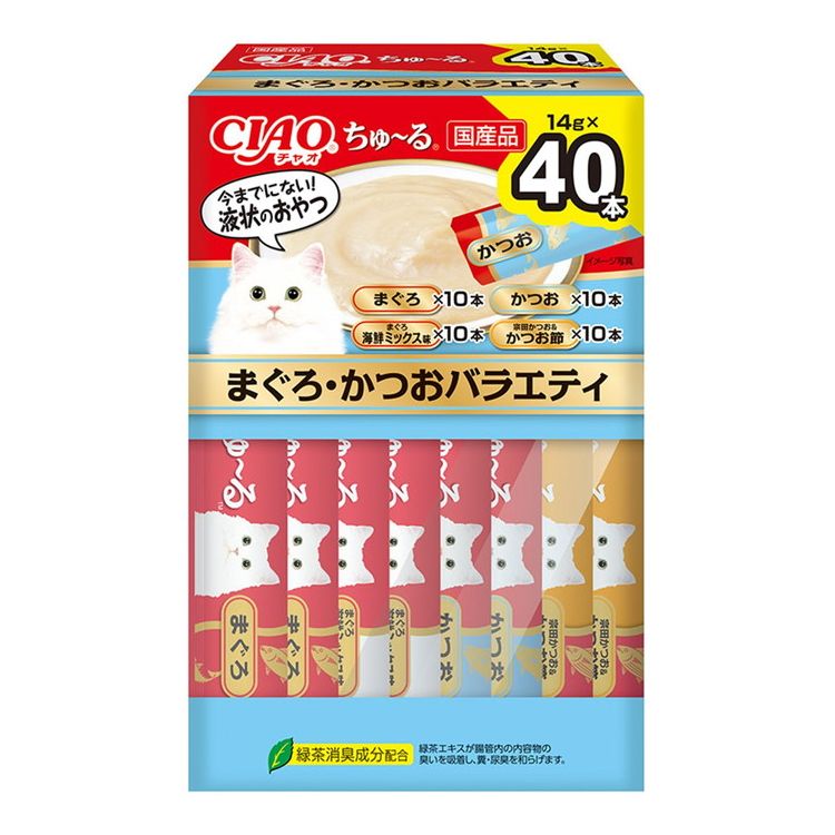 【商品説明】・中身が見えやすい窓付きのボックスタイプ・一度与えたらやみつきになるおいしさ。素材の旨みがたっぷりつまった贅沢な仕上がりです。・まぐろ、まぐろ海鮮ミックス味、かつお、宗田かつお＆かつお節の4種フレーバー×各10本の40本入りバラエティパック。多頭飼の方にも便利な大容量です。・緑茶消臭成分配合。緑茶エキスが腸管内の内容物の臭いを吸着し、糞・尿臭を和らげます。〇原材料【まぐろ】まぐろ、まぐろエキス、タンパク加水分解物、糖類(オリゴ糖等)、植物性油脂、増粘安定剤(加工でん粉、増粘多糖類)、ミネラル類(Na、P、Cl)、調味料(アミノ酸)、ビタミンE、緑茶エキス、紅麹色素【まぐろ 海鮮ミックス味】まぐろ、ほたてエキス、かつお節エキス、まぐろエキス、糖類(オリゴ糖等)、植物性油脂、増粘安定剤(加工でん粉、増粘多糖類)、ミネラル類(Na、P、Cl)、調味料(アミノ酸)、ビタミンE、緑茶エキス、紅麹色素【かつお】かつお、かつお節エキス、糖類(オリゴ糖等)、植物性油脂、増粘安定剤(加工でん粉、増粘多糖類)、ミネラル類(Na、P、Cl)、調味料(アミノ酸)、ビタミンE、緑茶エキス、カラメル色素【宗田かつお＆かつお節】宗田鰹、かつお節、かつお節エキス、タンパク加水分解物、糖類(オリゴ糖等)、植物性油脂、増粘安定剤(加工でん粉、増粘多糖類)、ミネラル類(Na、P、Cl）、調味料(アミノ酸)、ビタミンE、紅麹色素 、カロテノイド色素、緑茶エキス〇保証成分【まぐろ、まぐろ海鮮ミックス味、かつお】たんぱく質7.0％以上、脂質0.2％以上、粗繊維0.1％以下、灰分1.7％以下、水分91.0％以下【宗田かつお＆かつお節】たんぱく質9.0％以上、脂質1.0％以上、粗繊維0.1％以下、灰分1.6％以下、水分88.0％以下〇賞味／使用期限(未開封)730日※仕入れ元の規定により3ヶ月以上期限の残った商品のみ出荷致します。〇保存方法別途パッケージに記載〇原産国日本〇メーカー名いなばペットフード 株式会社【取り寄せ品のご注意事項（ご注文前にご確認ください）】・本商品は原則注文後のキャンセルはお受けできません。・本商品と他商品で同梱注文をいただき、仮に他商品が完売等でご用意できない場合でも本商品は発送させていただきます。・本商品を複数（2点以上）注文いただき、完売等で注文数のご用意できない場合でもご用意できた数量は発送させていただきます。【送料について】北海道、沖縄、離島は送料を頂きます。LINK単品2個セット4個セット