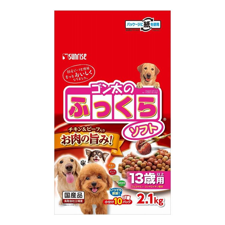 【商品説明】お肉のうまみがたっぷり詰まった、やわらか食感の半生タイプのドッグフードです。関節の健康維持に配慮してグルコサミン・コンドロイチンを配合しました。〇原材料(成分)穀類(小麦粉等)、肉類(チキンミール、チキンエキス、ビーフミール等)、糖類、いも類(さつまいも等)、緑茶、酵母抽出物、グルコサミン(カニ由来)、サメ軟骨抽出物(コンドロイチンを含む)、魚介類、果実類、野菜類(にんじん、かぼちゃ、ほうれん等)、品質保持剤(プロピレングリコール)、ミネラル類(リン酸カルシウム、炭酸カルシウム、塩化カリウム、硫酸マグネシウム、塩化ナトリウム、硫酸鉄、炭酸亜鉛、硫酸銅、炭酸マンガン、ヨウ素酸カルシウム)、増粘安定剤(グリセリン)、保存料(ソルビン酸カリウム)、ビタミン類(コリン、E、C、ニコチン酸、パントテン酸、A、B6、B1、B2、葉酸、B12、D)、pH調整剤、アミノ酸類(L‐リジン塩酸塩)、酸化防止剤(エリソルビン酸ナトリウム、ミックストコフェロール、ローズマリー抽出物)、着色料(二酸化チタン、黄5、赤106、黄4、青1)〇賞味／使用期限(未開封)365日※仕入れ元の規定により3か月以上期限の残った商品のみ出荷致します。〇保管方法別途パッケージに記載〇原産国日本〇メーカー名株式会社 マルカン サンライズ事業部【取り寄せ品のご注意事項（ご注文前にご確認ください）】・本商品は原則注文後のキャンセルはお受けできません。・本商品と他商品で同梱注文をいただき、仮に他商品が完売等でご用意できない場合でも本商品は発送させていただきます。・本商品を複数（2点以上）注文いただき、完売等で注文数のご用意できない場合でもご用意できた数量は発送させていただきます。【送料について】北海道、沖縄、離島は送料を頂きます。