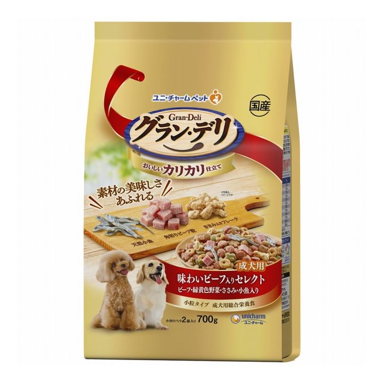 【商品説明】愛犬が大好きな素材を豊富に使用して「美味しさと栄養バランス」を考えた小粒設計のドライタイプのフードです。・カリッと食感を楽しめる美味しいささみ入り粒たっぷり・カルシウムたっぷり厳選された小魚入り・生肉入りの角切りビーフ粒入り・愛犬が喜ぶ美味しいささみ入りの大豆フレーク入り・食感を楽しむ、チーズを加えたささみ入り粒・成犬用総合栄養食〇原材料(成分)穀類(トウモロコシ、パン粉、小麦粉)、肉類(チキンミール、チキンエキス、チキン、ビーフ、ポークミール、ビーフミール、ササミパウダー)、豆類(大豆、大豆タンパク、脱脂大豆、大豆エキス、大豆パウダー)、動物性油脂、野菜類(ビートパルプ、ニンジンパウダー、カボチャパウダー、ホウレンソウパウダー)、ブドウ糖果糖液糖、乾燥小魚、チーズパウダー、セルロースパウダー、ビール酵母、グリセリン、プロピレングリコール、ミネラル類(カルシウム、塩素、銅、鉄、ヨウ素、カリウム、ナトリウム、リン、セレン、亜鉛)、ソルビトール、保存料(ソルビン酸K)、調味料、ビタミン類(A、B1、B2、B6、B12、D、E、K、コリン、パントテン酸、葉酸)、乳化剤、着色料(二酸化チタン、赤色106号、黄色4号、黄色5号、青色1号)、pH調整剤、増粘安定剤(アルギン酸エステル)、酸化防止剤(ミックストコフェロール、ハーブエキス、エリソルビン酸Na)〇賞味／使用期限(未開封)18ヶ月※仕入れ元の規定により3ヶ月以上期限の残った商品のみ出荷致します。〇保存方法・高温多湿や直射日光を避け、風通しの良い場所に保管してください。・保管状態によっては、風味が落ちる場合がありますが、与えても差し支えありません。・開封後は、ほこりや虫が入らないように封をしっかり閉じて衛生的に保管し、早めに与えてください。・食品、食器、おもちゃ、ペット用品等と区別し、小児の手の届かないところに保管してください。・本品の空き袋をおもちゃにしないでください。〇原産国日本〇メーカー名ユニ・チャーム株式会社【送料について】北海道、沖縄、離島は送料を頂きます。