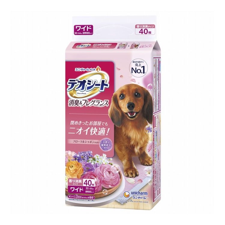 【商品説明】・閉めきったお部屋でもニオイ快適！「高速吸収ポリマー」と「ふんわりアロマ成分」のダブル消臭で瞬間＆長時間消臭！・天然の植物成分配合「フローラルシャボン」の香り。まるでお花畑にいるような安心感・清潔感のある香り・オシッコ跡の見た目も清潔！やさしく清潔感のある「ナチュラルピンク」のシートとふわさら吸収シートで見た目も清潔！〇材質/素材表面材：ポリオレフィン、ポリエステル不織布、香料、フラワー抽出エキス吸水材：綿状パルプ、吸水紙、高分子吸水材防水材：ポリエチレンフィルム結合材：ホットメルト接着剤外装材：ポリエチレンフィルム〇商品使用時サイズシートサイズ：60×44cm〇使用方法・トイレと決めた場所にデオシートを置き、両手でふわふわの面を上にして丁寧に広げて使用してください。＜正しい広げ方＞1.袋からシートを取り出し、折りたたんであるシートを床に置きます。2.床に置いたまま丁寧に両手で広げます。＜誤った広げ方＞シートを持ったまま振って広げたり、手荒に扱うと、本品の吸収体が偏ったり、製品が破れ中身が飛び散ることがありますのでご注意ください。〇保管方法・本品は高温多湿、火気付近を避け、直射日光の当たらない場所に保管してください。・本品は開封後、ほこりや虫が入らないよう封をしっかり閉じて衛生的に保管してください。・本品は食品、食器、おもちゃ、ペットフード等と区別し、小児の手の届かない場所に保管してください。・本品の空き袋をおもちゃにしないでください。〇諸注意・用途以外に使用しないでください。・本品の特性上、表面材及び吸収体が柔らかく、噛んだり引っ掻いたりすると製品が破れ中身が飛び散ることがある為、トイレシートで遊ぶ癖のある愛犬には使用を控えてください。【使用上の注意】・本製品の香りがワンちゃんやお客様に合わない場合は、使用を中止してください。その際は、デオシート無香消臭タイプなどの、香り付きでは無い商品へ変更いただくことをお勧めします。・万が一、製品の中身を吸い込んだ場合は、医師や獣医師にご相談ください。・万が一、製品の中身が人の目に入った場合は流水で洗い流し、医師にご相談ください。動物の目に入った場合は、獣医師にご相談ください。・本品は切って使用すると、中身が飛び散ったり、汚れやモレの原因となる為、そのままで使用してください。・本品は汚れてもかまわない場所に敷いてください。・本品は食べられないので、飲み込まないでください。・万が一、飲み込んだ場合は、医師や獣医師にご相談ください。※本品は愛犬の体調や尿量、使用環境によって機能が十分に発揮できない場合があります。【送料について】北海道、沖縄、離島は送料を頂きます。