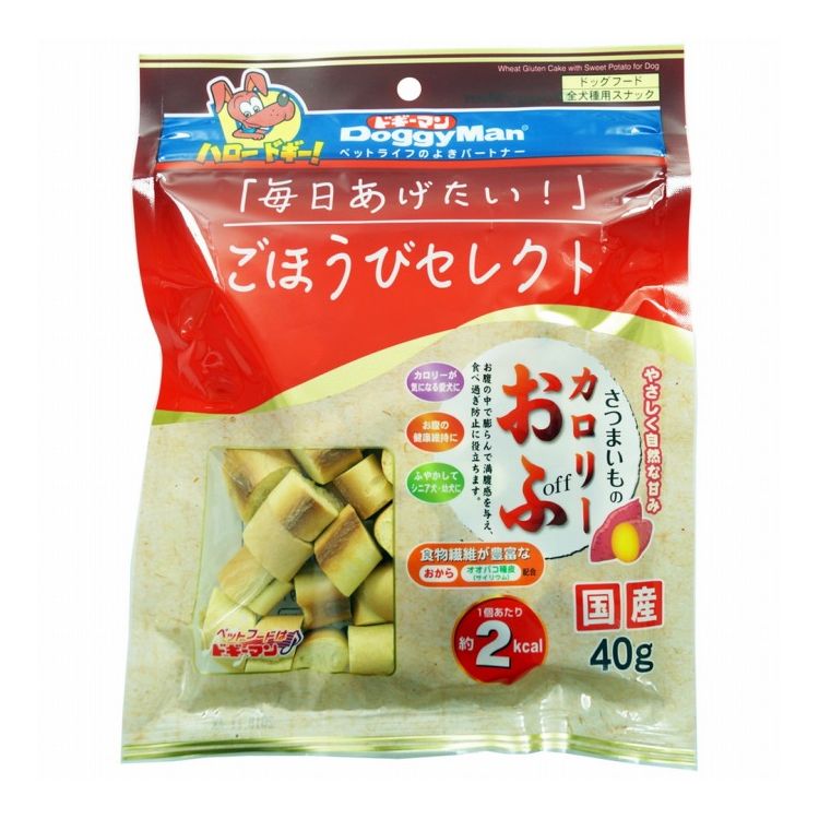 【商品説明】「おいしさ」「品質」「お求めやすさ」の3つのこだわりでセレクトした自慢のスナックシリーズです。さつまいもを使用した、サクッと軽いおふのスナック。食物繊維の豊富な「おから」、「オオバコ種皮」を配合。お腹の中で膨らんで満腹感を与え、食べ過ぎ防止に役立ちます。「カロリーが気になる愛犬に」「お腹の健康維持に」「ふやかしてシニア犬・幼犬に」愛犬の健康維持・体重管理に気を使うオーナー様におすすめです。〇原材料(成分)小麦グルテン、小麦粉、さつまいも、おから、オオバコ種皮、着色料(黄4)〇賞味/使用期限(未開封)12ヶ月※仕入れ元の規定により3ヶ月以上期限の残った商品のみ出荷致します。〇保管方法お買い上げ後は直射日光・高温多湿の場所を避けて保存してください。開封後は冷蔵し、賞味期限に関わらず早めに与えてください。〇給与方法・1日の目安給与量幼犬・超小型成犬(5kg以下)：1〜10個、小型成犬(5〜11kg)：10〜20個、中型成犬(11〜23kg)：20〜30個、大型成犬(23〜40kg)：30〜40個〇原産国日本〇メーカー名ドギーマンハヤシ株式会社【取り寄せ品のご注意事項（ご注文前にご確認ください）】・本商品は原則注文後のキャンセルはお受けできません。・本商品と他商品で同梱注文をいただき、仮に他商品が完売等でご用意できない場合でも本商品は発送させていただきます。・本商品を複数（2点以上）注文いただき、完売等で注文数のご用意できない場合でもご用意できた数量は発送させていただきます。【送料について】北海道、沖縄、離島は送料を頂きます。