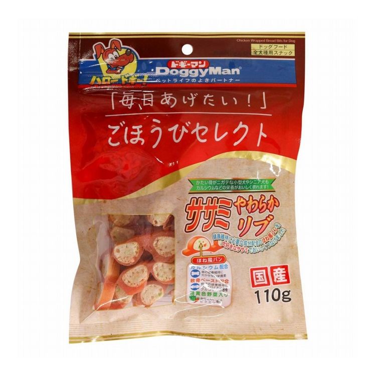 【商品説明】・カルシウム入りのほね風パンを大好きなササミでおいしくつなげたおやつです。・かたい骨がニガテな小型犬やシニア犬もカルシウムなどの栄養がおいしく摂れます。〇原材料(成分)鶏肉(ササミ、胸肉)、小麦粉、でん粉類、野菜(にんじん、ほうれん草)、魚軟骨、ミネラル類(カルシウム、ナトリウム)、ソルビトール、グリセリン、プロピレングリコール、膨張剤、リン酸塩(Na)、酸化防止剤(ビタミンE)、発色剤(亜硝酸ナトリウム)、着色料(赤102、赤106、黄4、青1)〇賞味/使用期限(未開封)12ヶ月※仕入れ元の規定により3ヶ月以上期限の残った商品のみ出荷致します。〇保管方法お買い上げ後は直射日光・高温多湿の場所を避けて保存してください。開封後は冷蔵し、賞味期限に関わらず早めに与えて下さい。〇給与方法パッケージ記載の目安給与量を参考に1日1〜数回に分け、おやつとして与えて下さい。〇原産国日本〇メーカー名ドギーマンハヤシ株式会社【取り寄せ品のご注意事項（ご注文前にご確認ください）】・本商品は原則注文後のキャンセルはお受けできません。・本商品と他商品で同梱注文をいただき、仮に他商品が完売等でご用意できない場合でも本商品は発送させていただきます。・本商品を複数（2点以上）注文いただき、完売等で注文数のご用意できない場合でもご用意できた数量は発送させていただきます。【送料について】北海道、沖縄、離島は送料を頂きます。