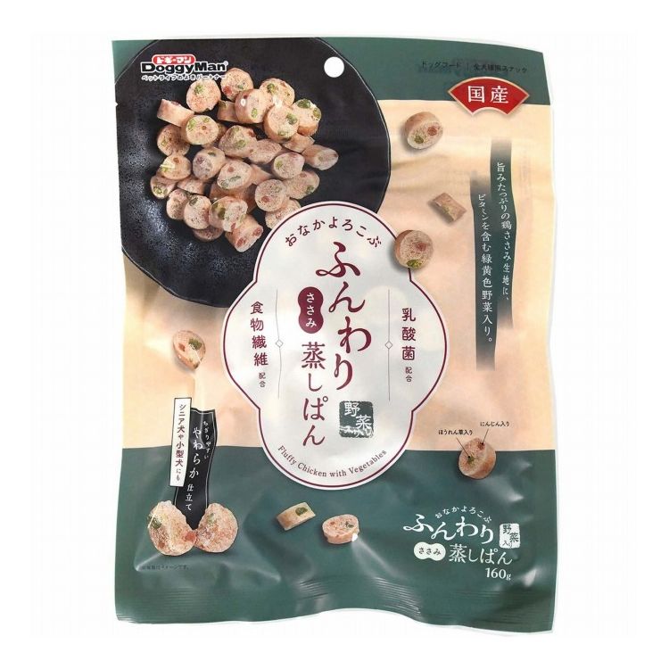 【商品説明】・鶏ささみのおいしさと香りを閉じ込めた生地を、ふっくらやさしく蒸し上げました。・ちぎりやすく食べやすいやわらか仕立てで、小型犬・シニア犬にもおすすめです。・おなかの健康を考えて、乳酸菌と食物繊維を加えました。・栄養バランスに優れる野菜入り。〇原材料(成分)小麦粉、肉類(鶏ササミ、鶏肉)、糖類、とうもろこしでん粉、パン粉、酵母、植物油脂、野菜類(にんじん、ほうれん草(ビタミン含有))、乳酸菌、グリセリン、膨張剤、ソルビトール、ミネラル類(ナトリウム)、食物繊維(セルロース)、保存料(ソルビン酸、デヒドロ酢酸ナトリウム)、ポリリン酸ナトリウム、発色剤(亜硝酸ナトリウム)、着色料(黄5、黄4、青1、赤106)〇賞味/使用期限(未開封)365日※仕入れ元の規定により3ヶ月以上期限の残った商品のみ出荷致します。〇保管方法別途パッケージに記載〇給与方法別途パッケージに記載〇原産国日本〇メーカー名ドギーマンハヤシ株式会社【取り寄せ品のご注意事項（ご注文前にご確認ください）】・本商品は原則注文後のキャンセルはお受けできません。・本商品と他商品で同梱注文をいただき、仮に他商品が完売等でご用意できない場合でも本商品は発送させていただきます。・本商品を複数（2点以上）注文いただき、完売等で注文数のご用意できない場合でもご用意できた数量は発送させていただきます。【送料について】北海道、沖縄、離島は送料を頂きます。
