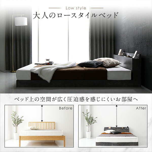 ベッド ローベッド シングル ベッドフレームのみ ストーングレー 低床 すのこ LED 照明付き 棚付き 宮付き 宮棚付き 2口 コンセント付き フロアベッド 低床ベッド すのこベッド すのこベット シングルベッド シングルベット [3]