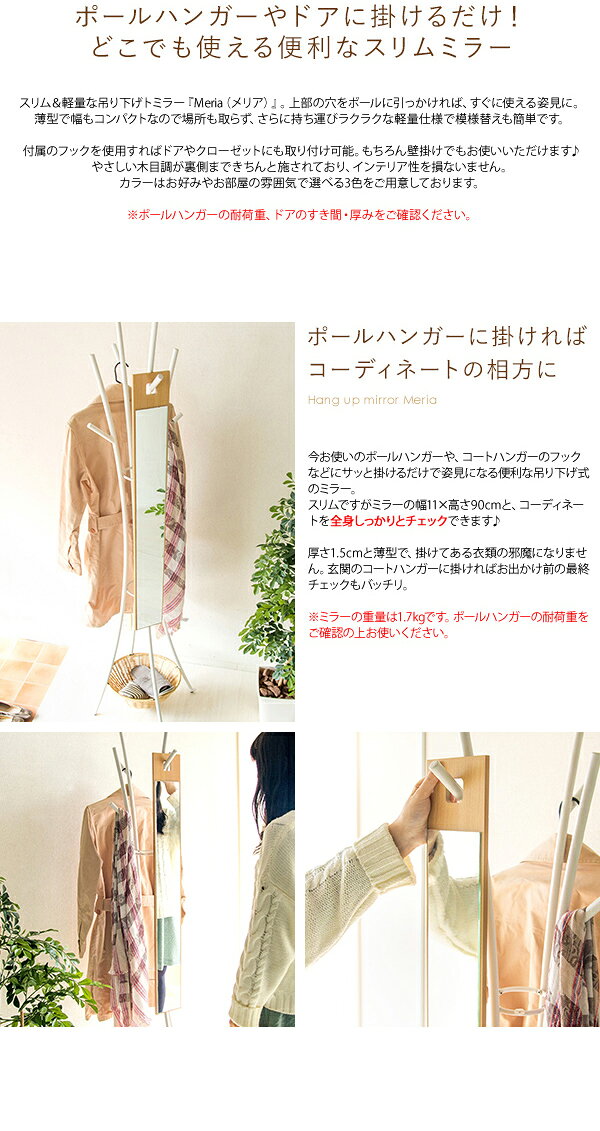 吊り下げ スリムミラー Meria(メリア) ミラー 鏡 姿見 壁掛け おしゃれ スリム 壁掛けミラー ドア掛けミラー(代引不可)【送料無料】 [2]