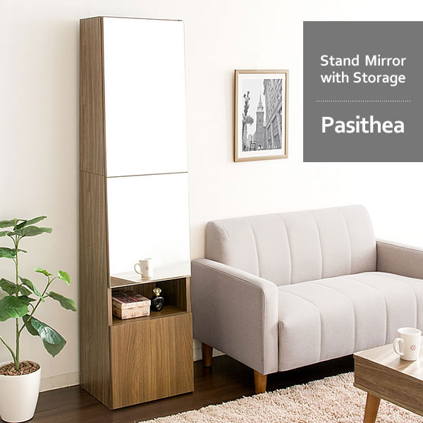 ミラー付きラック Pasithea(パシテア) 鏡付きラック スタンドミラー 姿見 収納家具 鏡 スリムタイプ 隙間家具 全身ミラー 鏡台(代引不可)【送料無料】