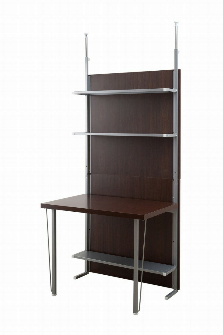 突っ張り間仕切りパーテーションデスク 幅90cm ダークブラウン色 つっぱり 薄型 書斎 壁面収納 机 DIY ..