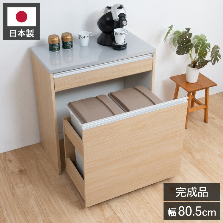 ダストボックス キッチンカウンター 幅80.5cm マリンナチュラル 日本製 完成品 2分別 45リットル 引き..