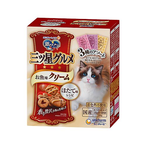 【商品説明】贅沢な素材の旨みで、香ばしく焼き上げた三ツ星のおいしさドライ粒にクリームを絡めて、今までにない味わいを実現3種のアソートタイプ無着色・原材料(アレルギー表記含む)肉類（チキンミール、ビーフミール、ポークミール、チキンエキス、ササミパウダー）、穀類（トウモロコシ、小麦粉）、油脂類、セルロースパウダー、魚介類（フィッシュエキス、まぐろミール、かつお節、タイパウダー、ホタテパウダー）、ビール酵母、豆類（大豆タンパク）、野菜類（ビートパルプ）、マルトデキストリン、ミネラル類（カルシウム、塩素、コバルト、銅、鉄、ヨウ素、カリウム、マンガン、リン、亜鉛）、調味料、ビタミン類（A、B1、B2、B6、B12、C、D、E、K、コリン、ナイアシン、パントテン酸、ビオチン、葉酸）、アミノ酸類（タウリン）・賞味期限540日※仕入れ元の規定により半年以上期限の残った商品のみ発送致します。・保存方法直射日光の当たらない所で保存してください。開封時はお早目にご利用ください。・生産国/加工国日本・メーカー名ユニ・チャーム・内容量180g※メーカーの都合により、お届け商品のパッケージが変更する場合がございます。【送料について】北海道、沖縄、離島は送料を頂きます。