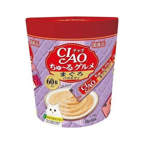 【商品説明】●今までにない液状のおやつです。●お魚とお肉がベースのペーストタイプです。●ちゅ〜っと出して、なめるだけで簡単に栄養補給ができます。・保存方法直射日光を避け、常温で保温して下さい。・原材料【まぐろ　本格だし仕立て】まぐろ、かつお節エキス、昆布エキス、糖類（オリゴ糖等）、コラーゲンペプチド、植物性油脂、増粘剤（加工でん粉）、ミネラル類、増粘多糖類、調味料（アミノ酸等）、ビタミンE、紅麹色素、緑茶エキス【まぐろ　しらす・ほたて貝柱入り】まぐろ、しらす、ほたて貝柱、まぐろエキス、タンパク加水分解物、糖類（オリゴ糖等）、コラーゲンペプチド、植物性油脂、増粘剤（加工でん粉）、ミネラル類、増粘多糖類、調味料（アミノ酸等）、ビタミンE、紅麹色素、緑茶エキス【まぐろ　かつお節・ほたて貝柱入り】まぐろ、かつお節エキス、かつお節、ほたて貝柱、糖類（オリゴ糖等）、コラーゲンペプチド、植物性油脂、増粘剤（加工でん粉）、ミネラル類、増粘多糖類、調味料（アミノ酸等）、ビタミンE、紅麹色素、緑茶エキス・メーカー名いなばペットフード(株)・生産国日本・賞味期限別途パッケージに記載・内容量1個(14gx60本)【送料について】北海道、沖縄、離島は送料を頂きます。