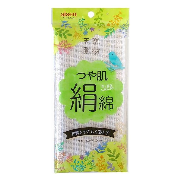 天然繊維 綿と絹のボディタオル。人の皮膚構造とよく似たタンパク質が主成分の絹と、やわらかな綿で編んだタオル。天然素材がお肌の汚れをやさしく落とす。サイズ（約）24×100cm材質:綿70％、絹30％重量（約）50g【送料について】北海道、東北、九州は送料を頂きます。沖縄、離島は配送不可。