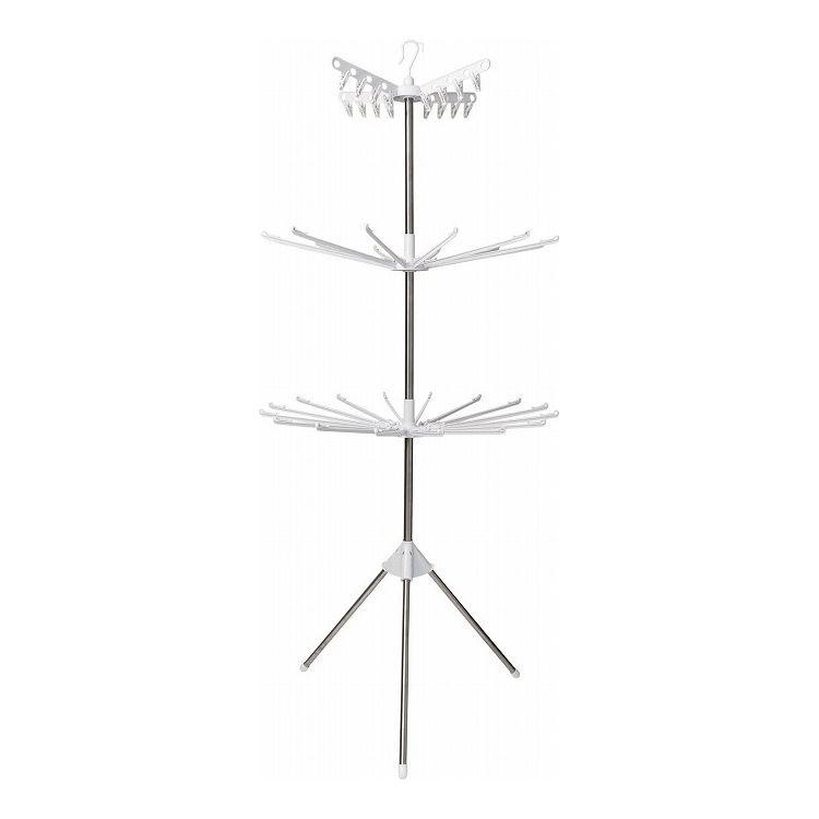 室内用のパラソル型物干し。幅35cmまでのタオルが約28枚掛けられます。上段はピンチハンガーなので、靴下などの小物が干せます。使用時サイズ（約）幅82×奥行82×高さ180cm収納時サイズ（約）幅15×奥行15×高さ203cm材質:パイプ/...