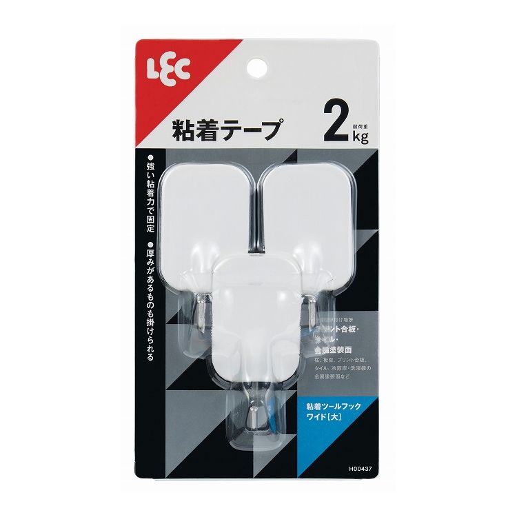 粘着テープで取り付けるタイプのフック3個入。薄くても丈夫なポリカーボネート製。フック部分に奥行があり厚みがあるものもかけられる。1個あたりサイズ（約）幅4×奥行4×高さ7cm材質:本体/ポリカーボネート　フック/ステンレス鋼線1個あたり耐荷重（約）:2kg【代引きについて】こちらの商品は、代引きでの出荷は受け付けておりません。【送料について】北海道、東北、九州は送料を頂きます。沖縄、離島は配送不可。