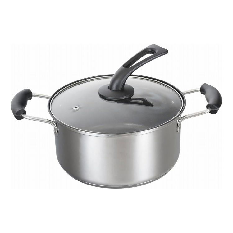 保温性の高いステンレス両手鍋24cm。スープや煮物など、じっくり煮込み料理に内面はこびりつきにくく、耐摩耗性に優れたふっ素樹脂加工立てて置ける、蒸気穴付きで使いやすいガラス蓋付ガスコンロでもIHクッキングヒーターでも使えますサイズ（約）幅37×奥行26×高さ20.5cm（底の厚さ3mm）※フタ含む内寸サイズ（約）内径24cm　底直径22cm　深さ12cm材質:本体/ステンレス鋼　内面加工/ふっ素樹脂加工（シルクウェアEK）　外面/研磨仕上げ　底面/アルミニウム合金、ステンレス鋼　ハンドル/フェノール樹脂　蓋/強化ガラス、フェノール樹脂重量（約）1700g満水容量（約）5.4L【代引きについて】こちらの商品は、代引きでの出荷は受け付けておりません。【送料について】北海道、東北、九州は送料を頂きます。【配送について】沖縄、離島は配送できません。予めご了承ください。LINKステンスター 片手鍋 16cmステンスター 片手鍋 18cmステンスター 両手鍋 20cmステンスター 両手鍋 22cmステンスター 両手鍋 24cm