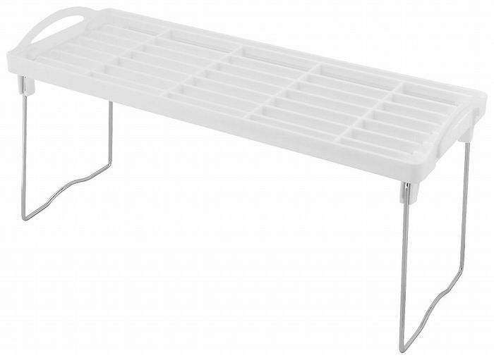 【商品詳細】流し代や食器棚の空間利用に。一段でも二段でも自由に組み合わせスッキリ収納。棚部はさびなく、美しい仕上がりのPP樹脂製。簡単に積み重ねて使える省スペース棚。収納率UP。しっかりツメ部をはめ込み、スタッキング。耐荷重：2000g耐熱温度：100度耐冷温度：マイナス20度収納時製品サイズ（約）：幅400×奥行155×高さ60mm使用時製品サイズ（約）：幅400mm×奥行き155mm×高さ195mm実用新案・意匠登録　申請済ツメ部に脚をはめ込み、スタッキング付本体：ポリプロピレン、脚：スチール(クロームメッキ）【送料について】北海道、沖縄、離島は送料を頂きます。