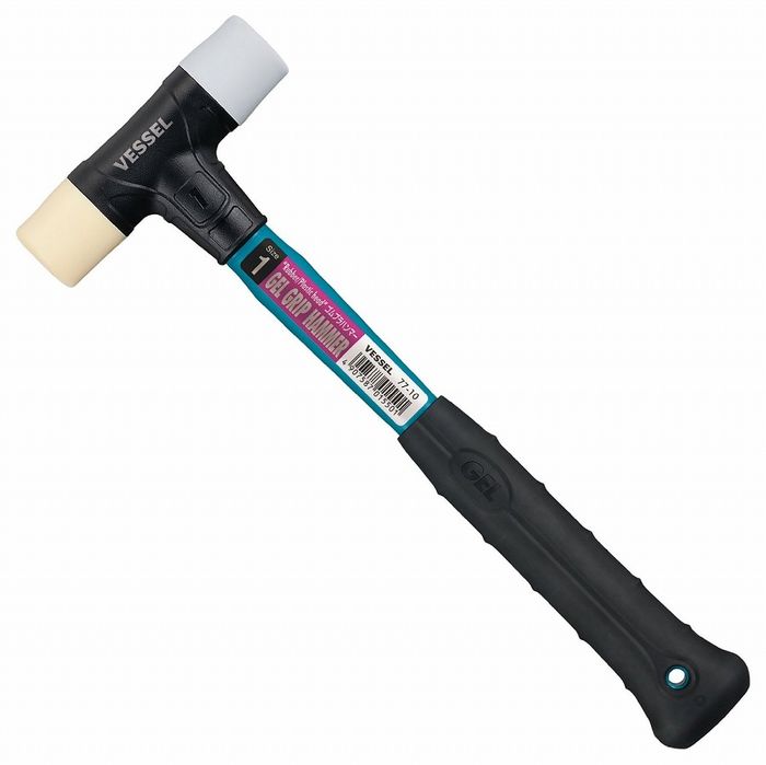 【商品詳細】ゲル入りグリップ、打撃時の手のひらの衝撃を緩和、手首の負担を軽減。滑り防止グリップデザイン、ゲルにより、手のひらとの接触面が増加、凸部を設けた滑り止めグリップ。用途/プラスチック：木工組立、石材、金型　　ゴム：木工、アルミサッシ、革細工全長：315mm頭部サイズ：直径31mm×長さ120mm呼称：1重量：約430g注意：正しい用途・サイズを確かめてご使用ください。改造、加熱は危険ですのでしないでください。油が常時かかる場所での使用は避けてください。替頭に緩みや破損が無いことを確かめてご使用ください。ヘッド：硬質プラスチック・弾性エラストマーゴム日本製【送料について】北海道、沖縄、離島は送料を頂きます。