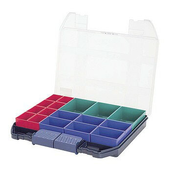 【商品詳細】■細かいものでもラクラク収納。カラーで仕切れるすぐれもの。スライドロックの安全設計。ロックを外した状態ではハンドルに手が入らないため持つことができません。そのため、従来のロックのかけ忘れによる中身の飛び出しが起こりません。■ボックス大×3、中×6、大×8個付き■外形寸法:幅424mm×奥行375mm×高さ72mm■重量:2kg■サイズ（L×W×H）:424×375×72mm■重量:2kg【送料について】北海道、沖縄、離島は送料を頂きます。