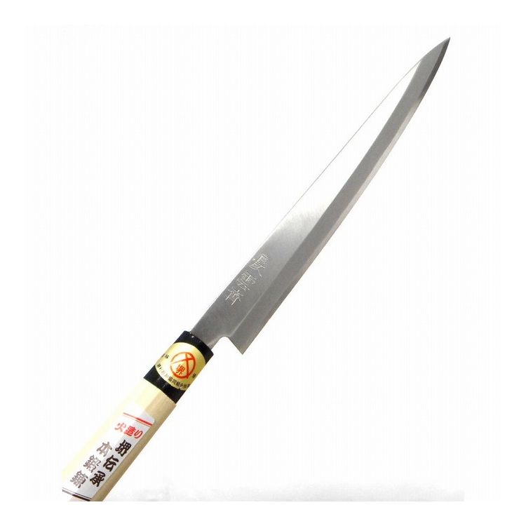 【商品特長】【製品サイズ(mm)】・長さ345・幅30・高さ19【生産国】日本【材質】刃：白紙鋼柄：朴木【仕様】用途：魚(刺身)向けの包丁刃渡り：210mm柄長：100mm刃形状：片刃研ぎ直し：可能食器洗浄機：使用不可サビ防止方法：汚れや水分を拭き取り保管仕様：柄交換可能魚（刺身）向けの包丁です。刃幅が広い為、骨の無い上身や、ごく細かい小骨のある魚等、おろした身が剥がれやすいように作られております。【送料について】北海道、沖縄、離島は送料を頂きます。