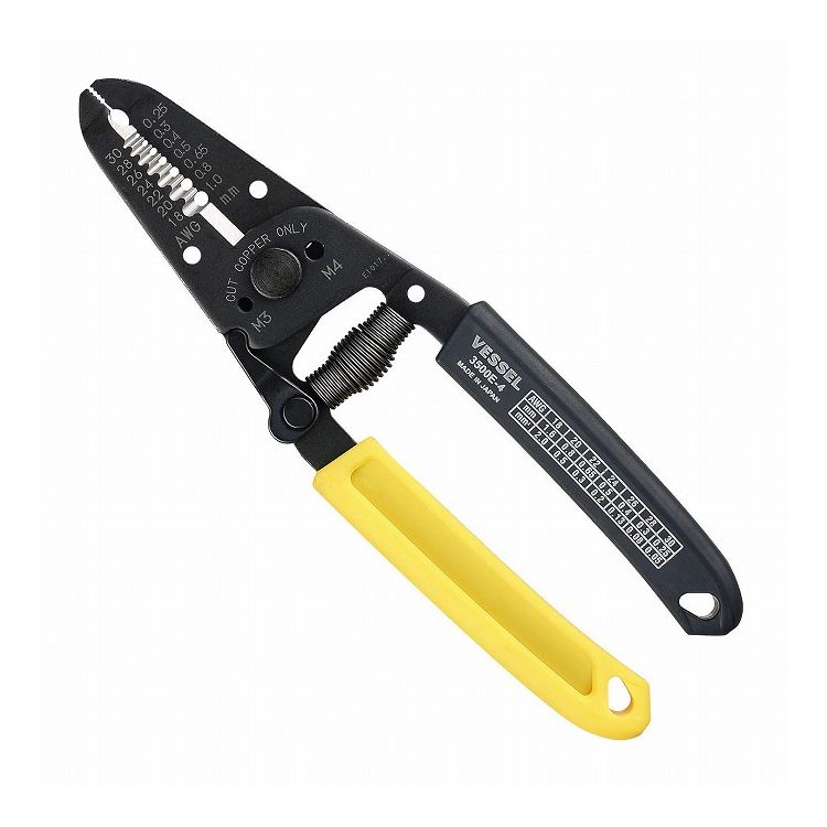 【商品特長】【製品サイズ(mm)】・長さ160・幅50・高さ12【生産国】日本【材質】本体：バネ鋼グリップ：エラストマー樹脂【仕様】用途：KV線、KIV線、IV線、VSF線、AV線などの細線の切断、外被の剥離作業の際に適用電線サイズ：18/20/22/24/26/28/30(AWG)適用電線サイズ：0.25/0.3/0.4/0.5/0.65/0.8/1.0(mm)適用電線サイズ：0.05/0.08/0.13/0.2/0.3/0.5/0.8(mm2)仕様：落下防止コード取付穴付仕様：単線・より線用仕様：ストッパー付仕様：AWG、mm、mm2の換算表付き仕様：クッショングリップ真円形状で芯線を傷つけにくいです。自然に握り方向が決まるダブルカラーで作業効率がアップします。【送料について】北海道、沖縄、離島は送料を頂きます。