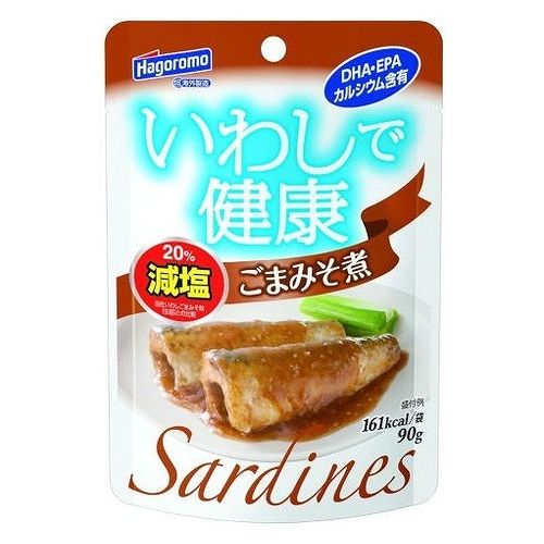 いわしで健康(100g缶)と比較し、25%減塩。開けやすいパウチ容器を採用。もう1品おかずがほしいときや、ちょっとしたおつまみにも手軽にお召し上がりいただけ、ご飯のお供にも最適です。いわしには、DHA・EPA・カルシウムが含まれています。一人前の食べきりサイズ。■内容量：90g×12個■商品区分：加工食品■原材料(アレルギー表記含む)いわし、砂糖、みそ（大豆を含む：遺伝子組換えでない）、白ごま、ごま油、しょうゆ（小麦・大豆を含む）、おろししょうが、酵母エキス／増粘剤（キサンタンガム）、調味料（アミノ酸等）■保存方法：常温で保存■生産国・加工国：タイ■賞味期限：別途パッケージ記載■メーカー名：はごろもフーズ※メーカーの都合により予告なくパッケージが変更となる場合がございます。予めご了承ください。【代引きについて】こちらの商品は、代引きでの出荷は受け付けておりません。【送料について】沖縄、離島は送料を頂きます。