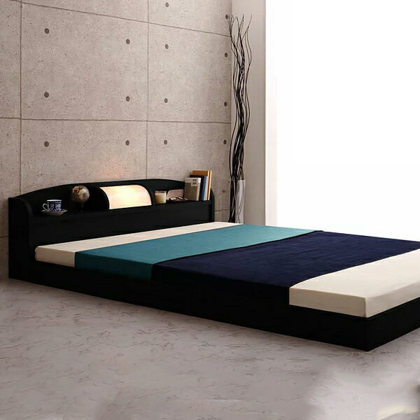 国産 日本製 ベッド セミダブル ローベッド フロアベッド 照明 ライト 棚 シェルフ モノトーン ブラッ..