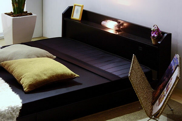 【日本製 棚付き 照明付き フロアベッド+低反発 ポケットコイル マットレス キング】 連結 コンセント付き 宮付き シンプル 北欧(代引不可)【送料無料】 [2]