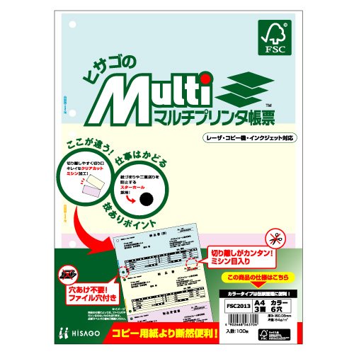 ヒサゴ マルチプリンタ帳票FSC A4カラー3面6穴 (100枚) FSC2013 ヒサゴ マルチプリンタ帳票FSC A4カラー3面6穴 (100枚) FSC2013