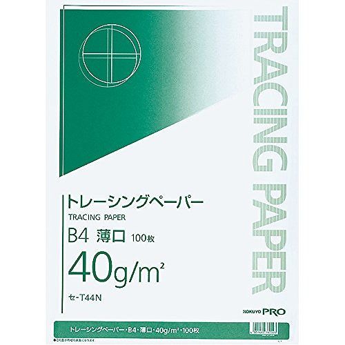 コクヨ トレーシングペーパー 40G B4 セ-T44JANコード：4901480780023品番：セ-T44N[商品スペック]内訳：内容量：100枚サイズ：B4[商品詳細]「コクヨ トレーシングペーパー B4 薄口 セ-T44N 100枚」は、紙面がツヤ消しタイプのトレーシングペーパーです。抜群の透明性で長期保存が可能な中性紙です。製図やクラフトに適しています。 材質 材質:針葉樹パルプ 原産国 日本【送料について】北海道、沖縄、離島は送料を頂きます。