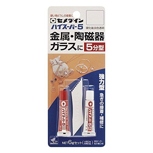 セメダイン ハイスーパー5P CA-187 6GJANコード：4901761100502硬化時間:5分●2液混合型エポキシ系接着剤で、5分で硬化しはじめる急ぎの作業に最適な、スピードタイプです。金属・ガラス・陶磁器などの硬い物を、カッチリ堅く接着します。A液(主剤)をブルーに着色してあり、混合の目安として色が消えるため、大変便利です。80gのお徳用サイズもあります。セミプロの方や多人数での使用に適しています。【注意事項】[使用上の注意]火気のあるところでのご使用はお止めください。ご使用の際は、よく換気をしてください。接着面・気温・湿度などの要因で性能を100%発揮できない場合も御座います。使用用途以外のご使用はお止めください。開封後はなるべく早めに使い切ってください。食器類など口に入る用途には使用しないでください。【送料について】北海道、沖縄、離島は送料を頂きます。