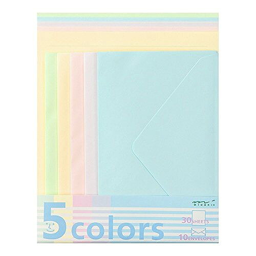 ミドリ レターセット 5カラー 91800589JANコード：4902805114271便箋18.2×14.5cm 封筒9.5×15cm重量:100g商品仕様:便箋30枚入●【商品説明】●「カラーレターセット 5色 便箋30枚+封筒10枚 91800-589」は、パステルカラーの5色の色合いのレターセットです。●定形郵便用です。●【材質】●本体/上質紙●【原産国】●日本【送料について】北海道、沖縄、離島は送料を頂きます。
