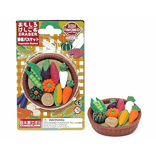 イワコーおもしろ消しゴム野菜バスケットER-I048ブリスターパックJANコード：4991685160072えんどう豆、ナス、カボチャ、大根、人参、ジャガイモ、サツマイモ、とうもろこし小さい野菜がバスケットに入っている消しゴムパッケージサイズ：W95×H150×D25mm生産国：日本いろんな種類が入った楽しい野菜バスケット消しゴムブリスターパック。【送料について】北海道、沖縄、離島は送料を頂きます。