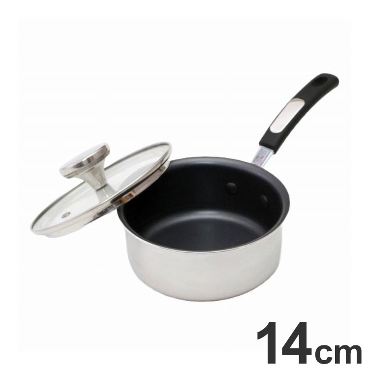 谷口金属 片手鍋 14cm IH対応 ガラス蓋付き 蓋セット 鍋 ストリール ステンレス アルミ フッ素加工 ガ..