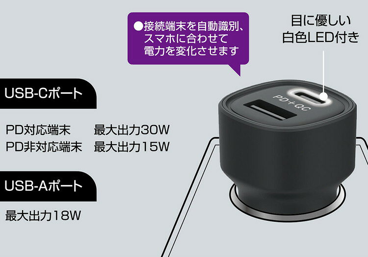 カシムラ 車載用USB電源 DC-48W USB2ポート USB-C30W+USB-A18W DC-068 12V/24V車兼用