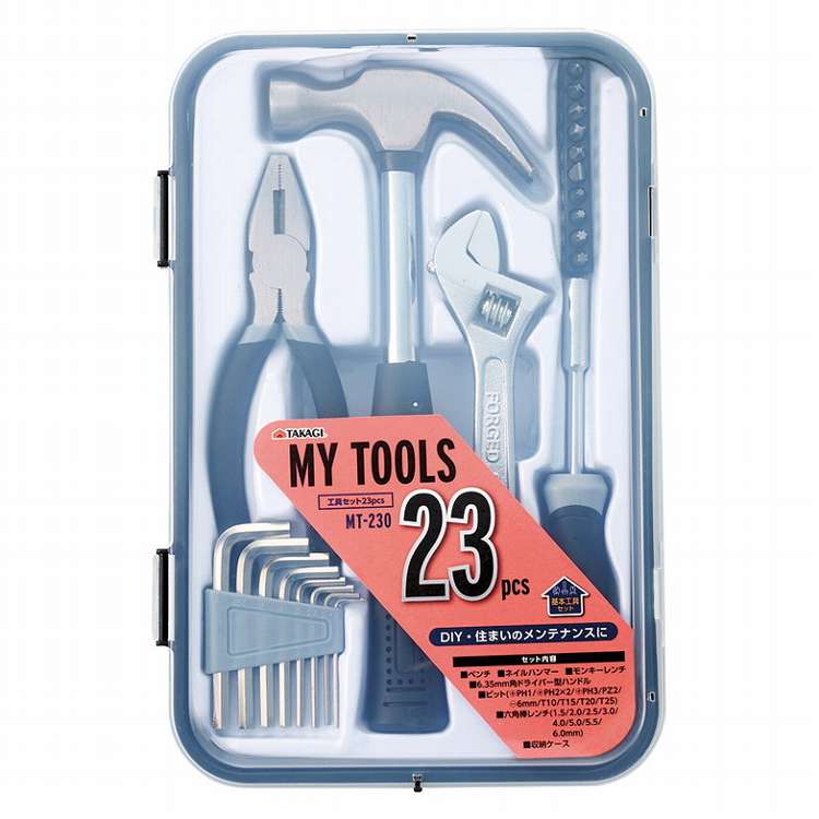 【商品詳細】一家に一台の基本工具セット。DIYや住まいのメンテナンスに便利。材質:炭素鋼生産国:中国セット内容:ケース（18.6×27.7×4.6cm）・ペンチ・ネイルハンマー・モンキーレンチ・ドライバー型ハンドル×各1、ビット×10、六角棒レンチ×8【代引きについて】こちらの商品は、代引きでの出荷は受け付けておりません。【送料について】北海道、沖縄、離島は送料を頂きます。