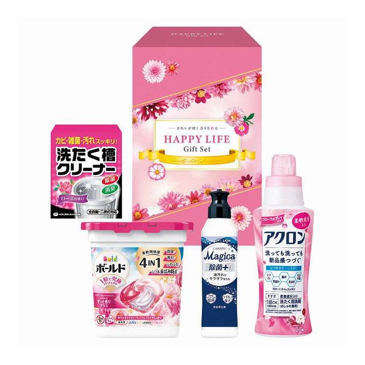 【商品詳細】洗濯機にポンっと投げ入れるだけのジェルボールの洗剤ギフトです。内容:P&Gボールドジェルボール4D（11個）・ライオンアクロンフローラルブーケの香り（450ml）・ライオンチャーミーマジカ除菌+（220ml）・洗濯槽クリーナーローズの香り（50g×2包）×各1原産国:日本【代引きについて】こちらの商品は、代引きでの出荷は受け付けておりません。【送料について】北海道、沖縄、離島は送料を頂きます。